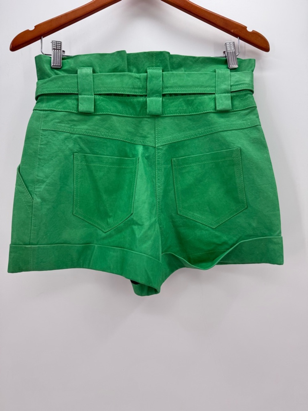 Diane Von Furstenberg Emerald Green High-Waisted Leather Shorts with Tie Belt - Picture 7 of 14